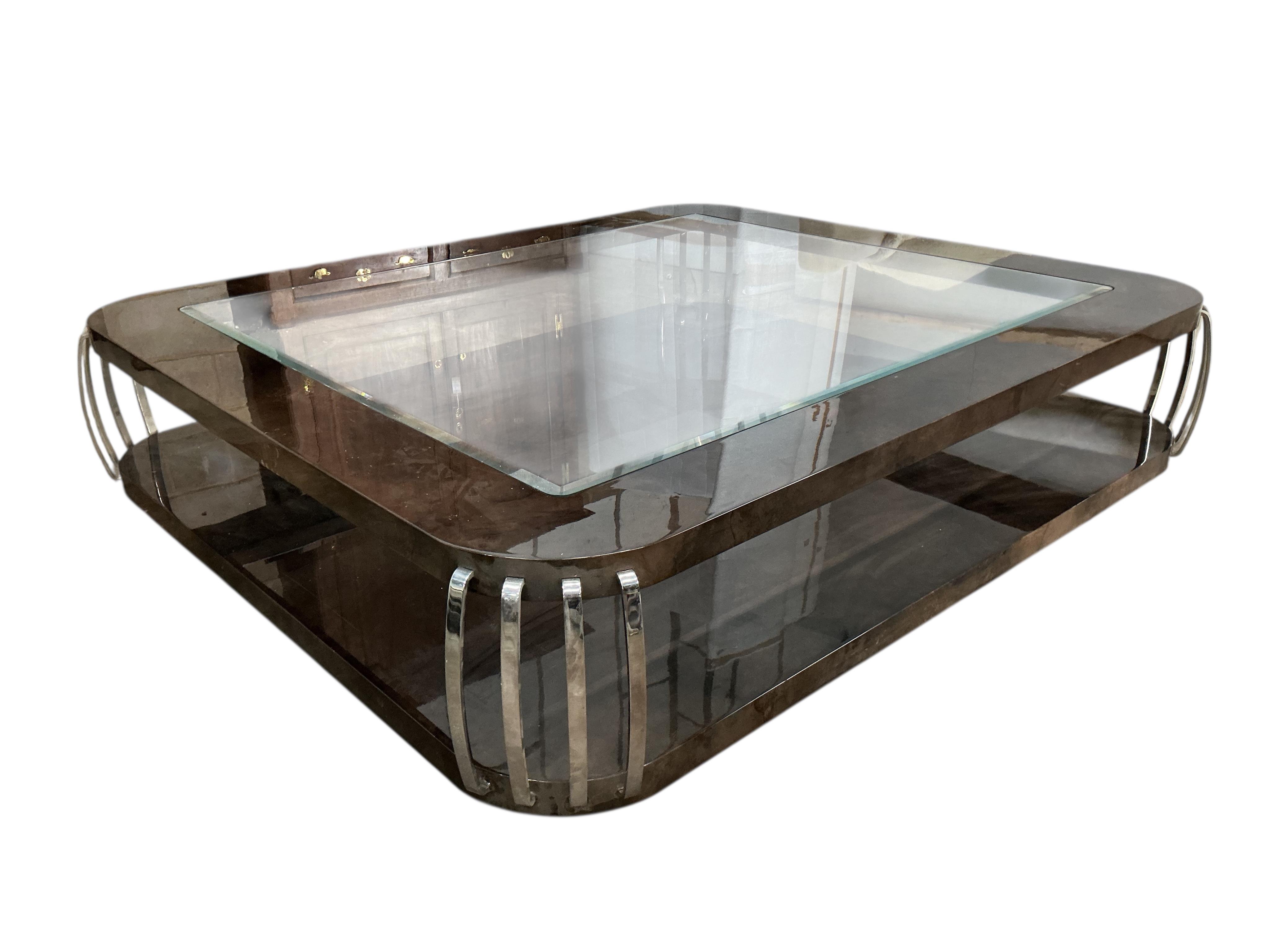 Sally Sirkin Lewis for J Robert Scott, a large rectangular Art Deco style lacquer and chrome coffee table, width 220cm, depth 190cm, height 37cm
